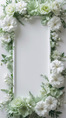 Soft Green and White Flowers Framing White Tray with Botanical Touch for a Minimalistic Natural Display for Copyspace and Text Background