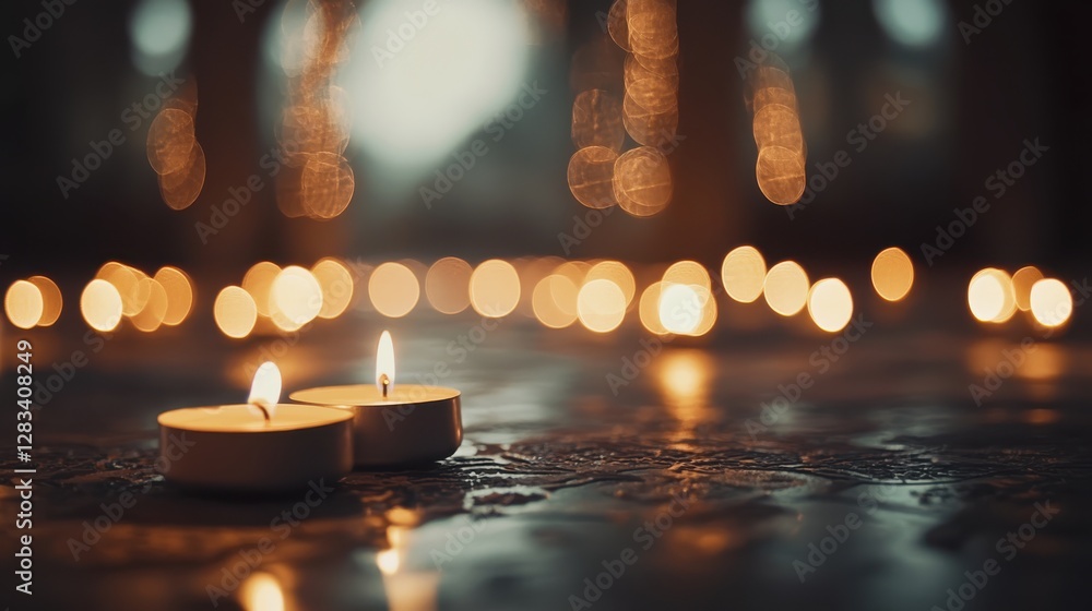 Poster softly glowing candles in a tranquil setting with bokeh effects