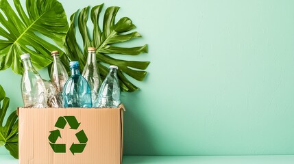 Recycling Box with Glass Bottles and Green Tropical Leaves - obrazy, fototapety, plakaty