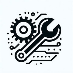 Fototapeta premium A black and white icon of a wrench and a gear, symbolizing tools and machinery, with circuit-like lines and dots around them, representing technology and engineering.