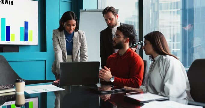 Business people, laptop or discussion in meeting for teamwork, funding opportunity or graphs. Partnership, investor or budget analyst in office for data analysis, revenue growth or charts on screen
