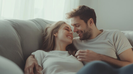 Fototapeta premium Positive happy young husband and wife relaxing on new comfortable pale grey sofa, hugging, talking, laughing, having fun, spending home funny leisure time together, couple watching tv