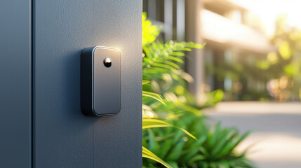 Smart home security with smart locks on house door. Modern doorbell mounted on a textured wall, surrounded by greenery, capturing a serene outdoor environment in soft lighting.