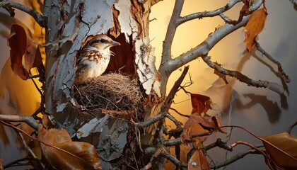 Bird resting in nest inside birch tree at sunset