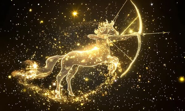 Majestic golden Sagittarius centaur in motion, embodying strength and agility under a starry sky.