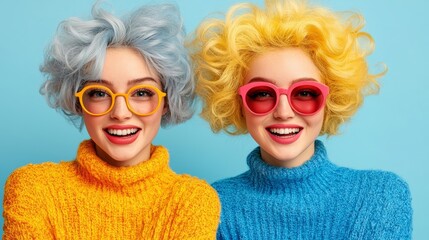 Two women with bright hair and glasses are smiling for the camera. They are wearing matching blue and yellow sweaters