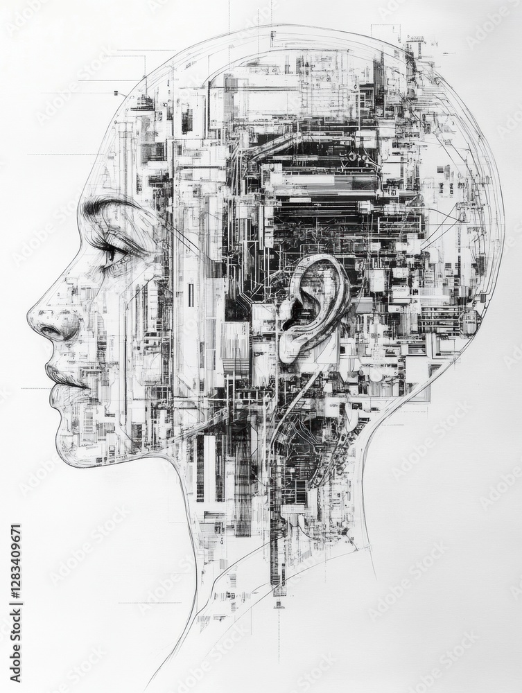 Poster Modern representation of artificial intelligence within the outline of a human head exploring technological integration. Generative AI