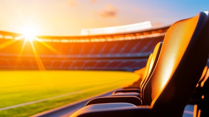 Empty stadium seats basking in golden sunset light, highlighting a serene sports atmosphere