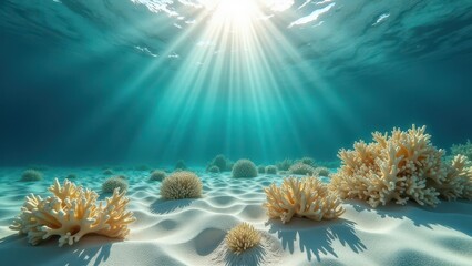 Naklejka premium Sunlit underwater view of a coral reef affected by bleaching with damaged coral on the sandy seabed 