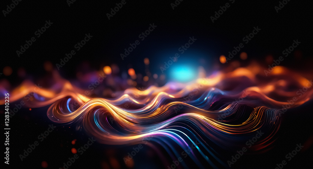 Fototapete Abstract flowing light trails in vibrant orange and blue hues against a dark backdrop, creating a dynamic and energetic atmosphere with smooth, curving shapes.