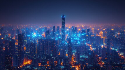 Fototapeta premium Night cityscape panorama of glowing skyscrapers