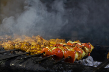 Grilled skewers with vegetables and chicken.