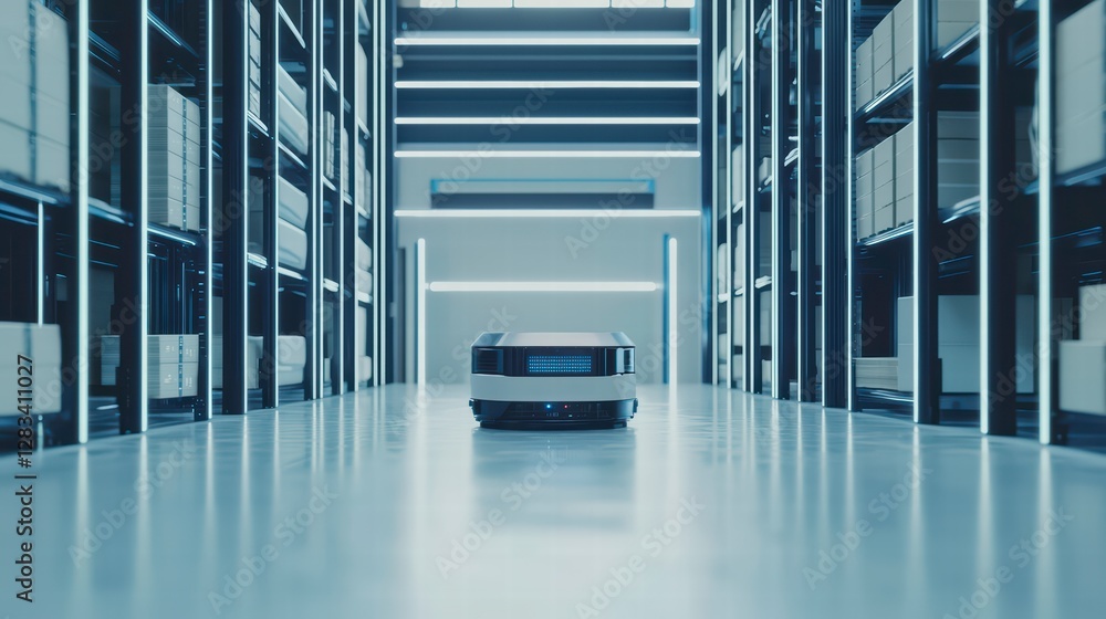 Poster autonomous warehouse: a white autonomous robot traverses a sleek and futuristic warehouse, showcasin