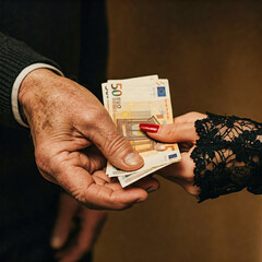 Uomo che paga una donna, consegnando delle banconote