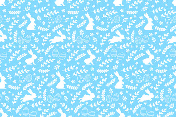 Cute Easter seamless pattern with bunnies, Easter eggs and flowers. Design for Easter Cards, banner, textiles, wallpapers. Vector illustration