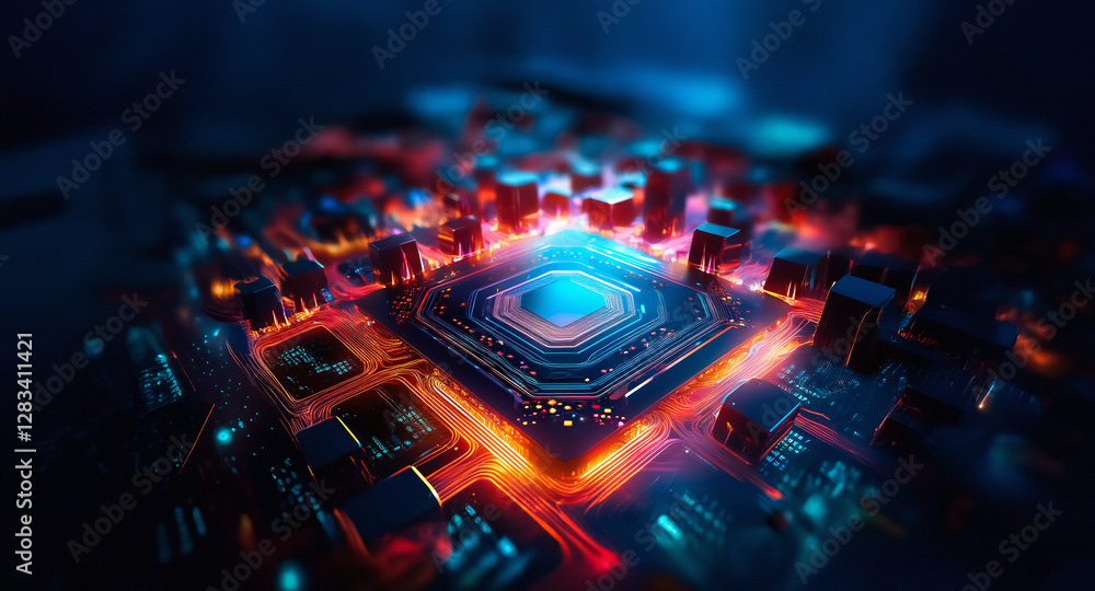Poster futuristic glowing circuit board with intricate details. abstract high technology with vibrant neon 