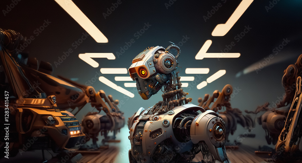 Fototapete A futuristic robot stands prominently in a dimly lit workshop, surrounded by mechanical parts and other robotic constructs, hinting at a scene of advanced technology and automation.