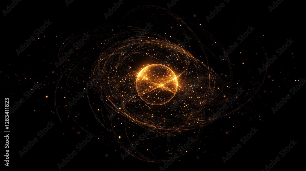 Poster bright particles orbiting around a central sphere, creating the impression of an atom or celestial b