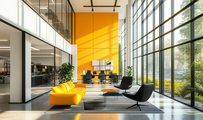 Contemporary Office Space with Expansive Floor-to-Ceiling Windows, Modern Interiors, and Inspiring Professional Ambiance for Productivity
