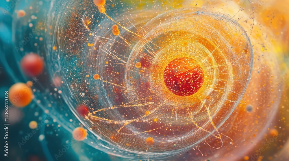 Poster bright particles orbiting around a central sphere, creating the impression of an atom or celestial b