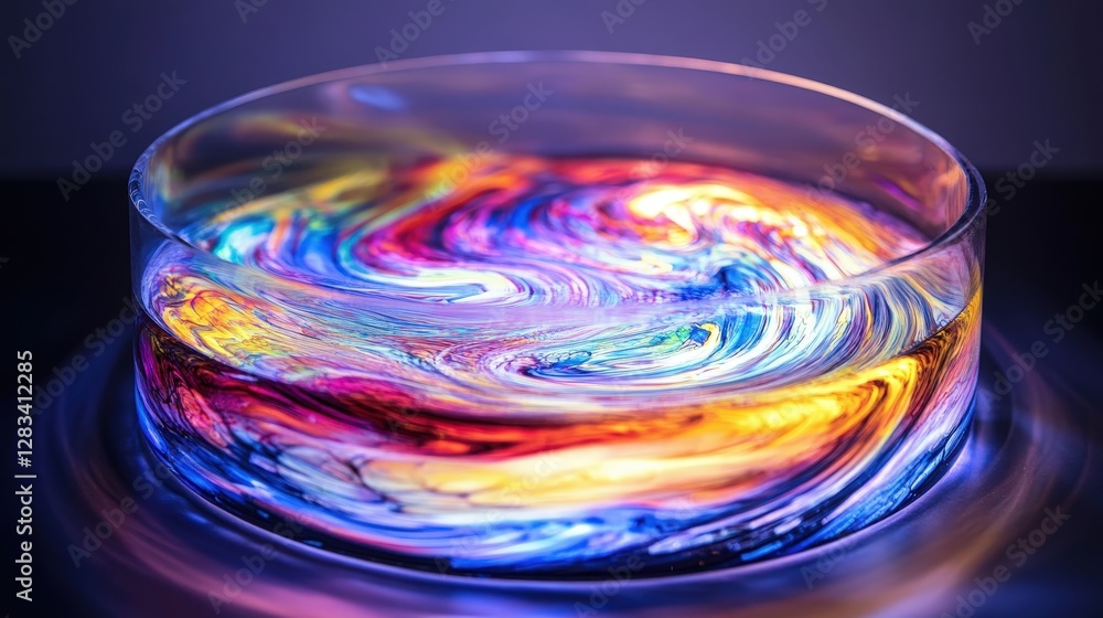 Poster a swirling reaction of two liquids combining in a petri dish, creating intricate and colorful patter