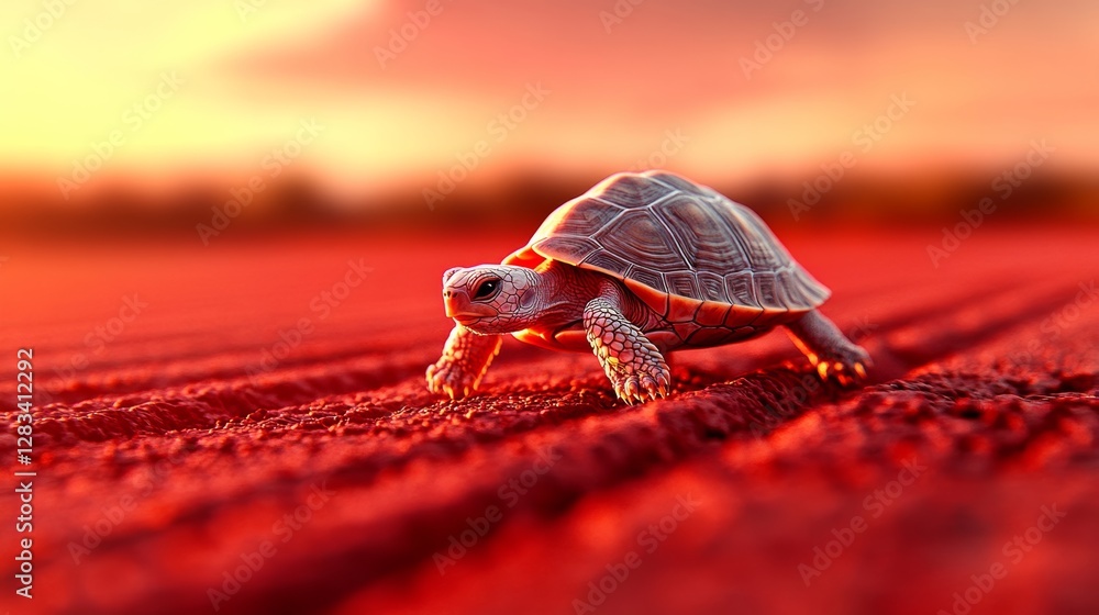Poster baby turtle is walking on a red surface. the turtle is small and cute, and the red background adds a