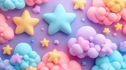 3D cartoon-style background with colorful pastel clouds and stars, cute and dreamy, pastel colors, pink, blue, purple, yellow, 