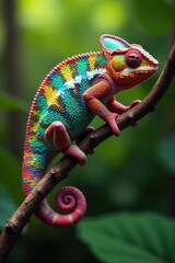 Fototapeta premium Vibrant Reptile on a Branch in Lush Foliage A Close-Up of a Colorful Chameleon