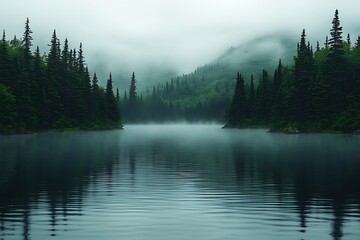 Fototapeta premium Serene fog-covered lake surrounded by lush green forests and misty mountains in the background