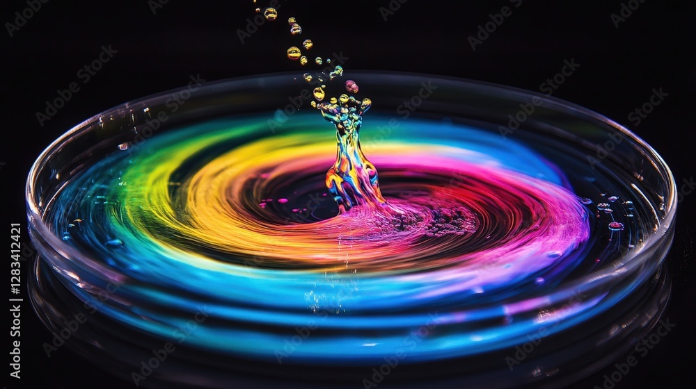 Poster a swirling reaction of two liquids combining in a petri dish, creating intricate and colorful patter