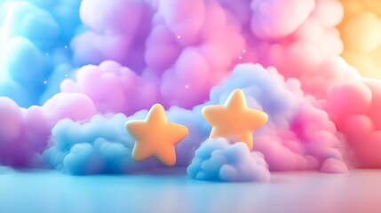 3D cartoon-style background with colorful pastel clouds and stars, cute and dreamy, pastel colors, pink, blue, purple, yellow, 