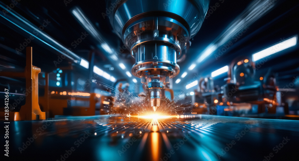 Aufkleber A powerful laser cutting machine intensely focuses its beam, precisely slicing through metal in a factory setting, generating bright sparks and showcasing advanced industrial automation.
