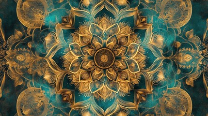Naklejka premium A symmetrical mandala pattern with intricate detailing in gold and teal, evoking spirituality and harmony, perfect for meditation spaces or artistic designs.