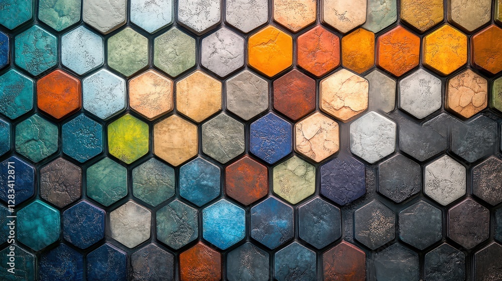 Poster a symmetrical pattern created from hexagons, each with a different color, blending together to form 