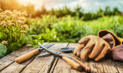 Professional polished gardening shears, gloves, and spade arranged meticulously for creative outdoor maintenance inspiration expertly