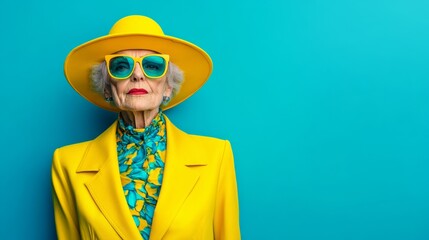 Woman in a yellow hat and sunglasses poses for the camera. She is wearing a yellow jacket and a blue floral shirt