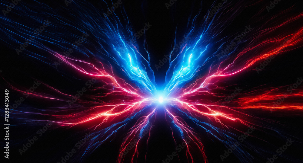 Aufkleber Vibrant abstract energy streams in red and blue radiate from a central glowing point on a black background. Dynamic and visually striking composition.
