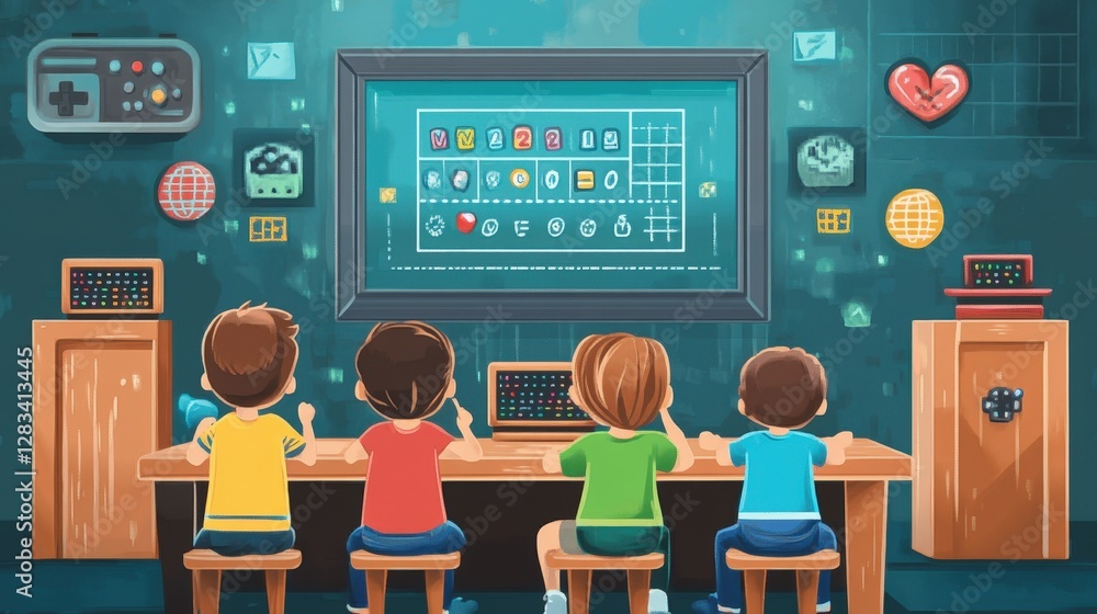 Poster a teacher using gamification in the classroom, making learning fun and interactive by incorporating 
