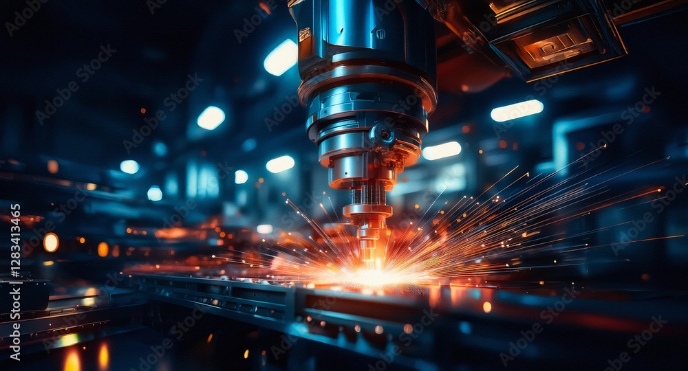 Aufkleber a robotic arm welds metal in a factory, creating bright sparks. industrial process in a dark environ