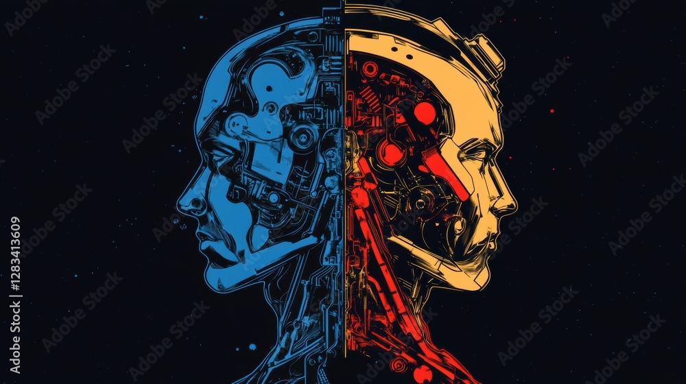 Poster human head outline merging with ai powered machine, showcasing cybernetic textures and a sci fi colo