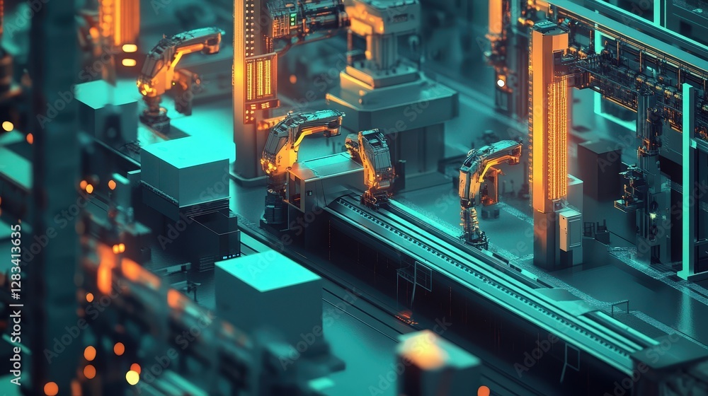 Poster ai engineers creating smart factories, where machine learning optimizes production lines, improving 