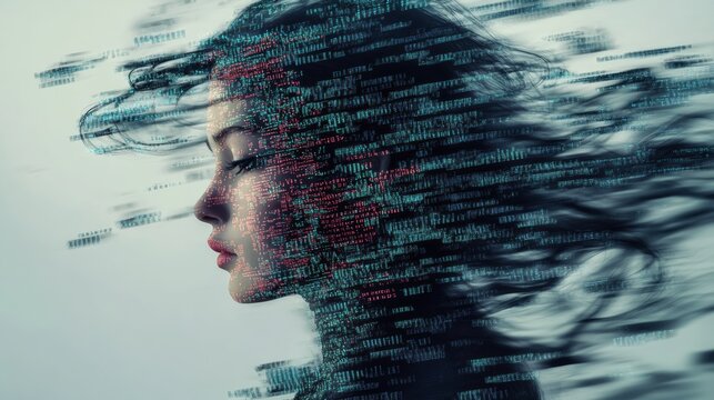 Woman's face is blurred and pixelated, giving the impression of a digital image. The woman's face is red and has a lot of detail, including her eyes and nose. The image has a futuristic