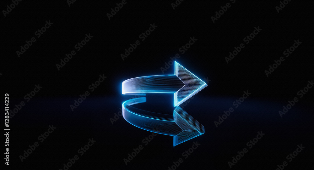 Poster a luminous blue arrow curves right, reflecting on a dark surface. the shape glows against the black 