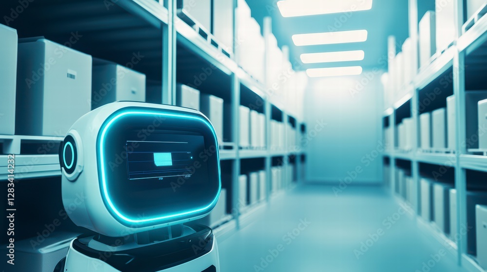 Poster warehouse automation: a futuristic, automated warehouse showcases a robotic assistant navigating the