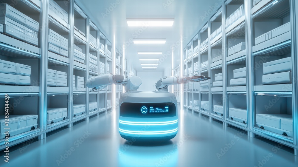 Poster robotic precision: a futuristic warehouse scene showcasing a robotic arm navigating through aisles o