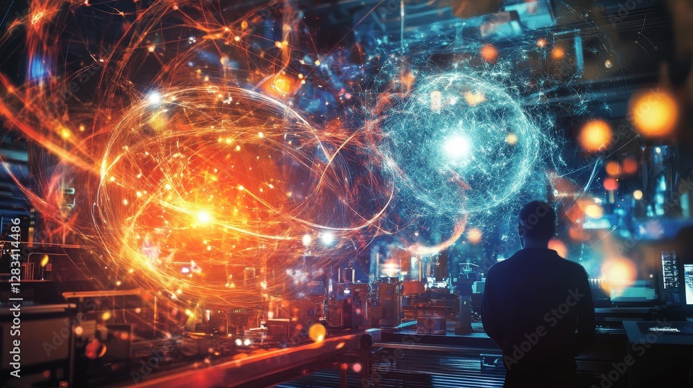 Poster researchers in a physics lab using particle accelerators to study subatomic particles and uncover th