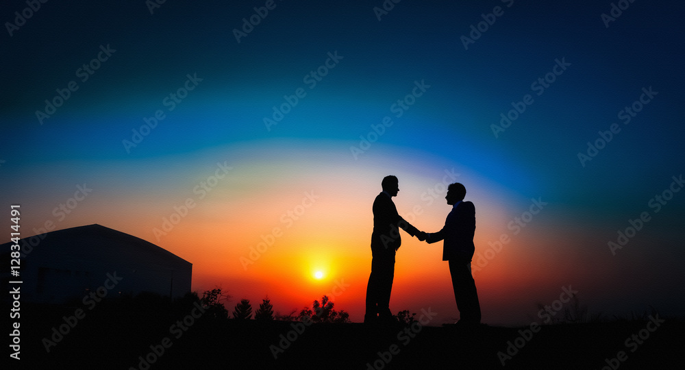 Poster two people shake hands in silhouette against a vibrant sunset sky. a building silhouette stands to t