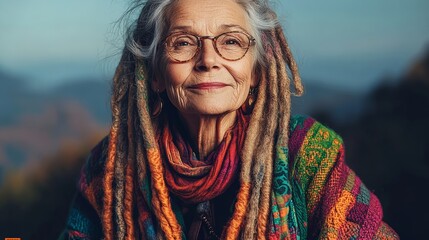 Woman with dreadlocks and glasses is smiling. She is wearing a colorful scarf and a multicolored sweater