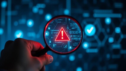 System engineer identifying problem in computer network system. Red triangle with exclamation mark and many other checkmark icons. Hand holding magnifying glass.