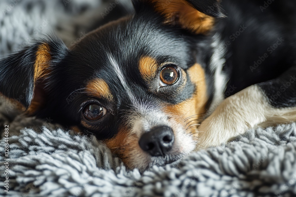 Aufkleber Dog relaxing on a cozy blanket with a soft texture in a warm indoor setting during the afternoon. Generative AI